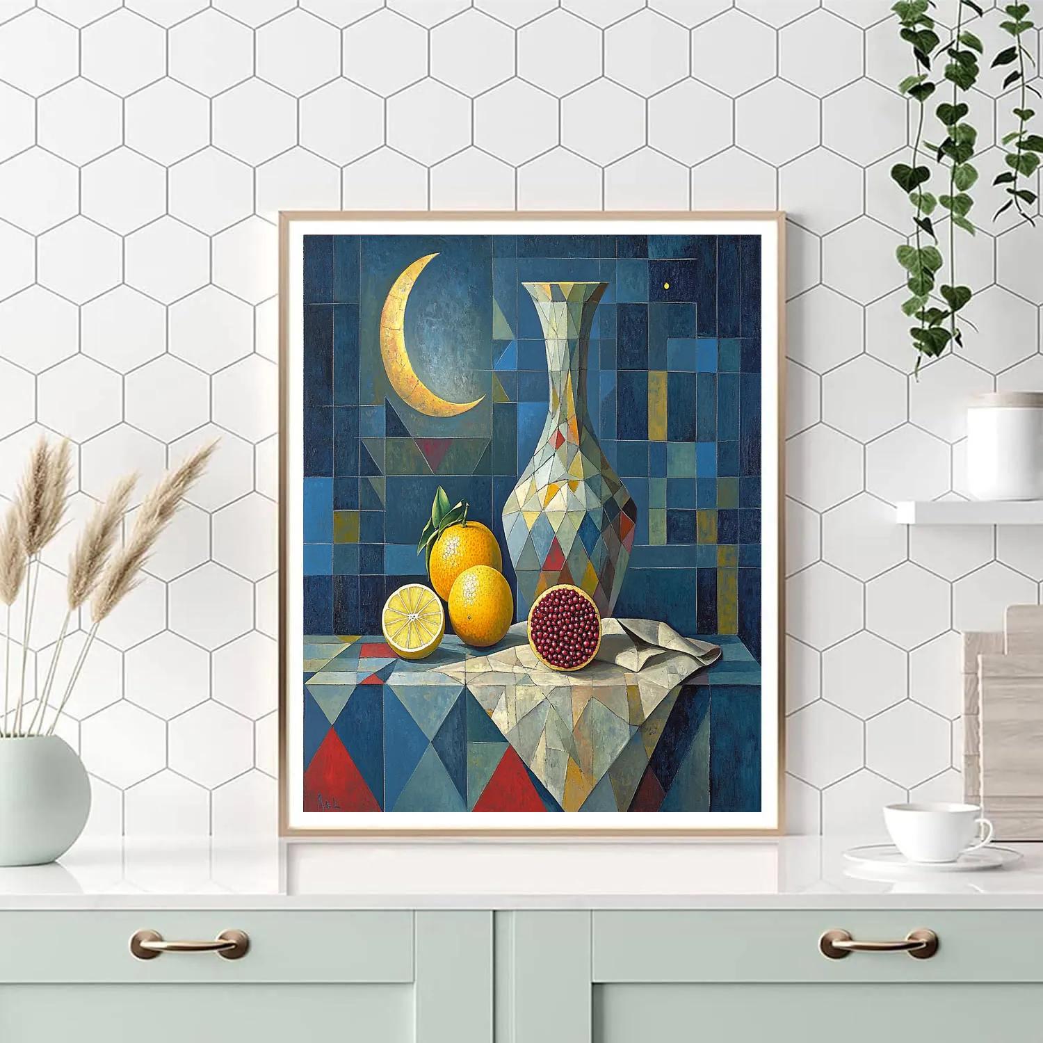 Pablo Picasso Inspired Celestial Still Life Of Faceted Fruit And Vase paint by color