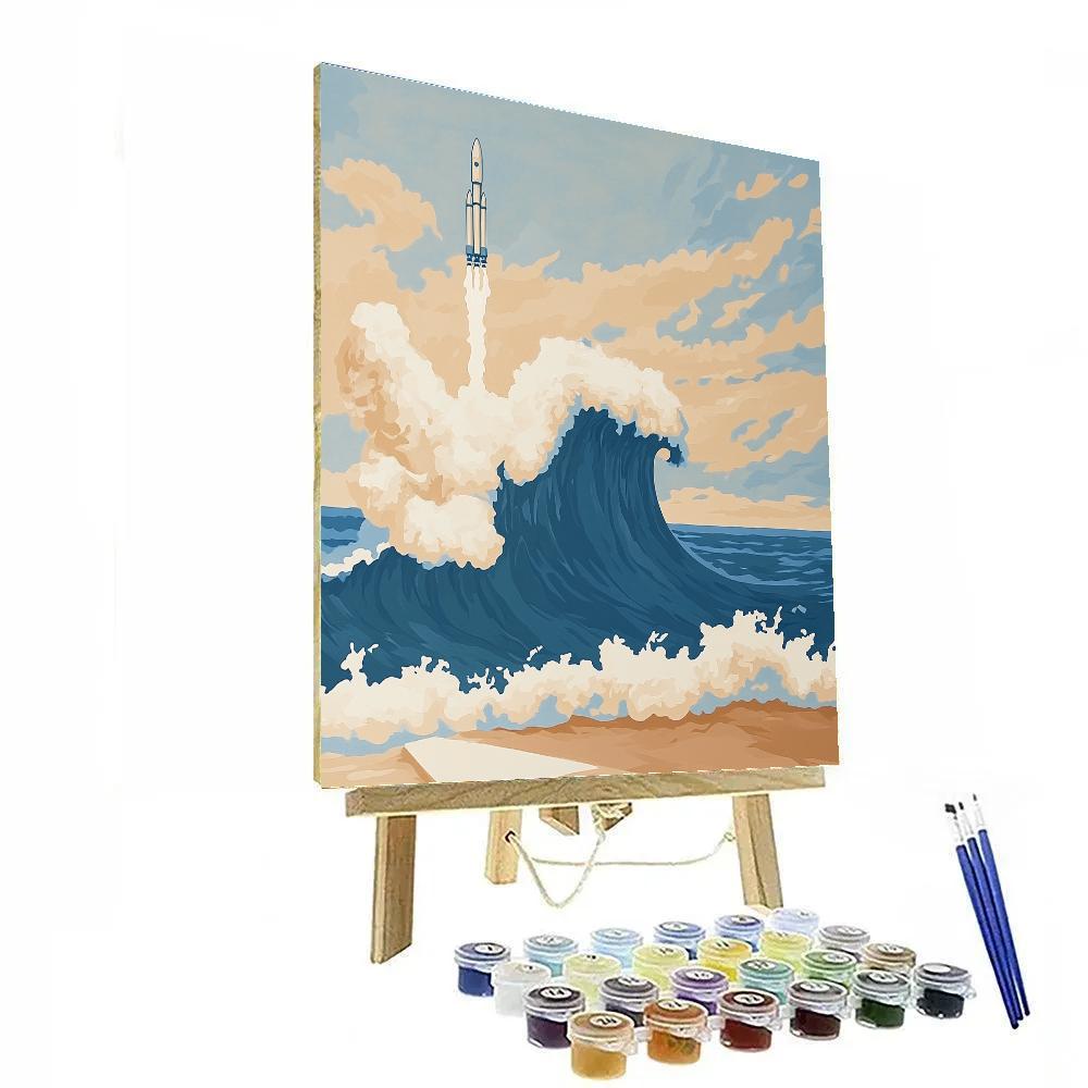 Hokusai Inspired Great Wave Around A Rocket Launch paint by color