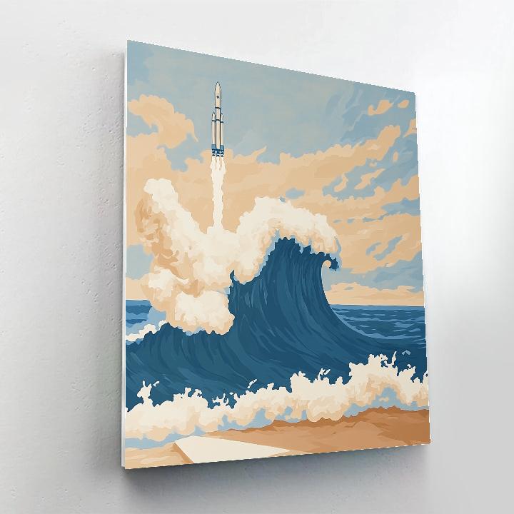 Hokusai Inspired Great Wave Around A Rocket Launch paint by color