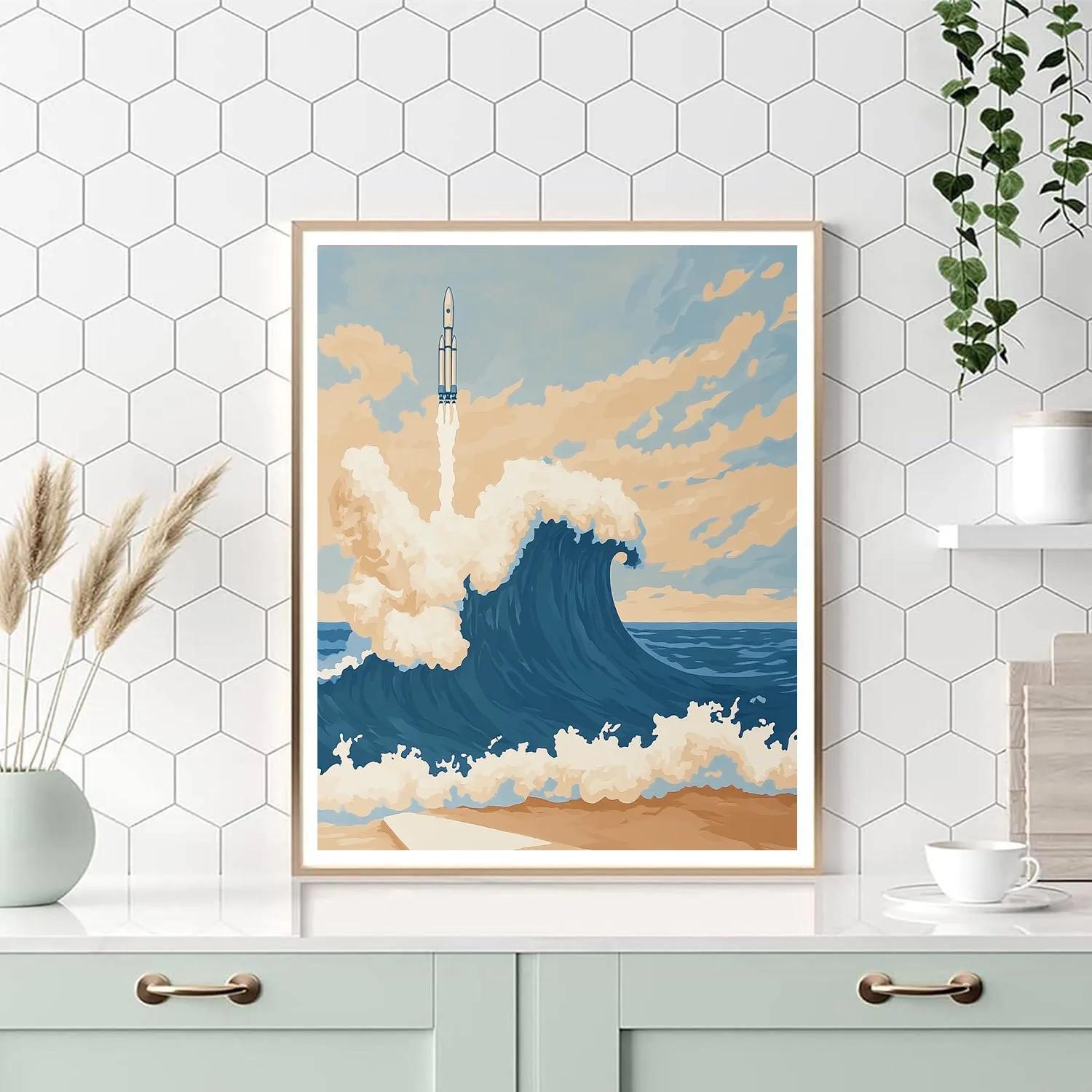 Hokusai Inspired Great Wave Around A Rocket Launch paint by color