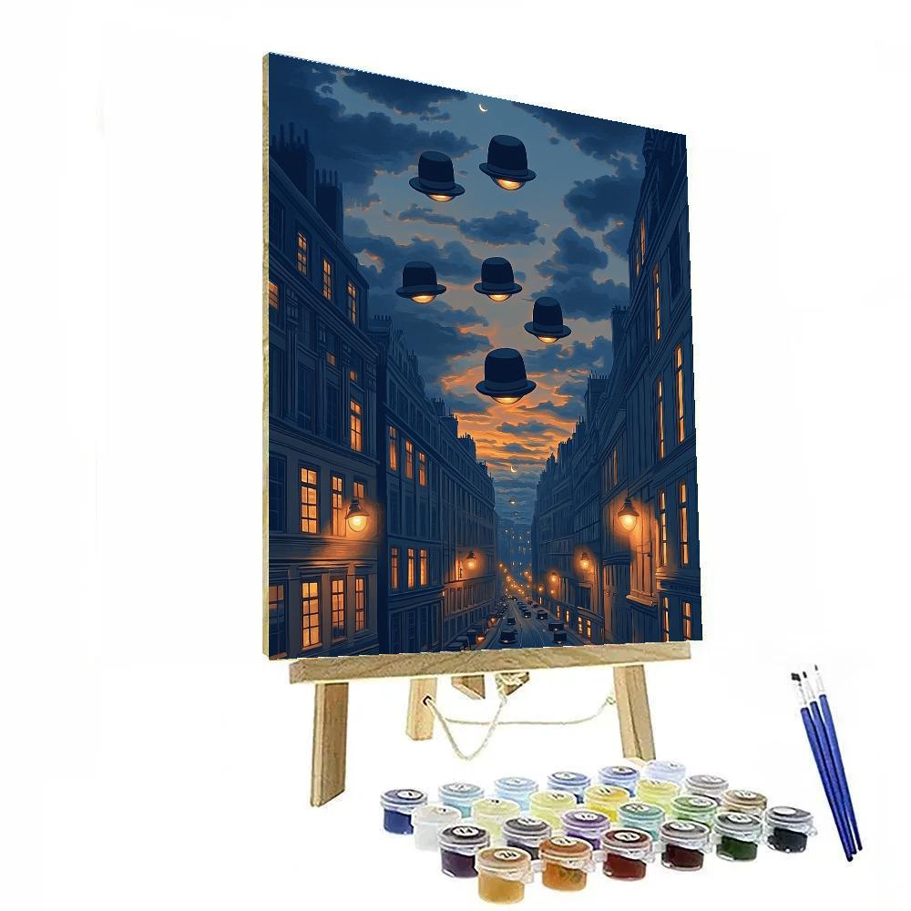 René Magritte Inspired Floating Bowler Hats Over Citylights painting number kit