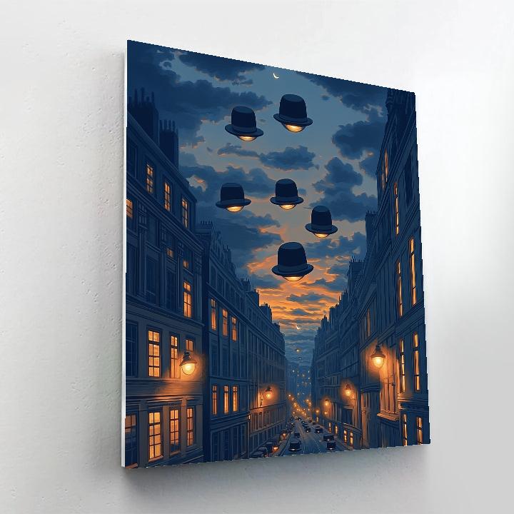 René Magritte Inspired Floating Bowler Hats Over Citylights painting number kit