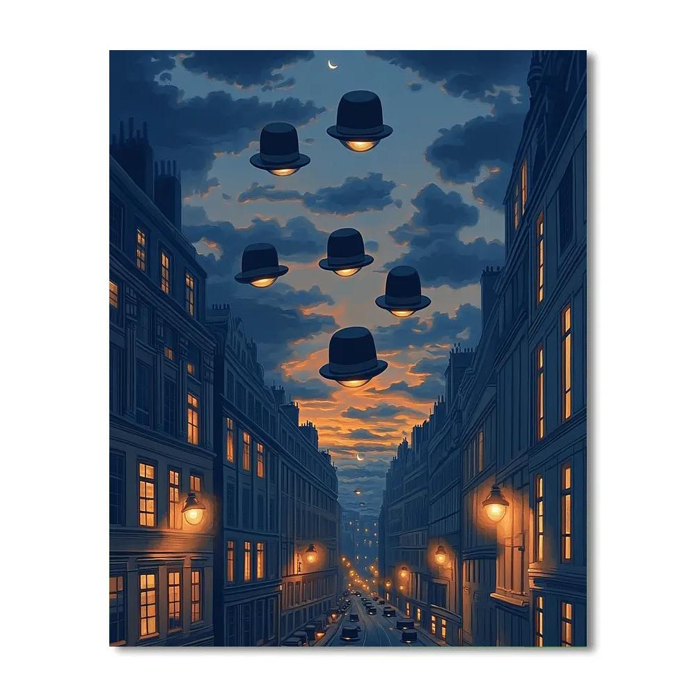 René Magritte Inspired Floating Bowler Hats Over Citylights painting number kit