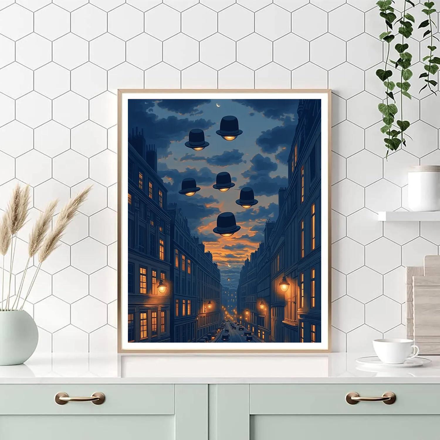 René Magritte Inspired Floating Bowler Hats Over Citylights painting number kit
