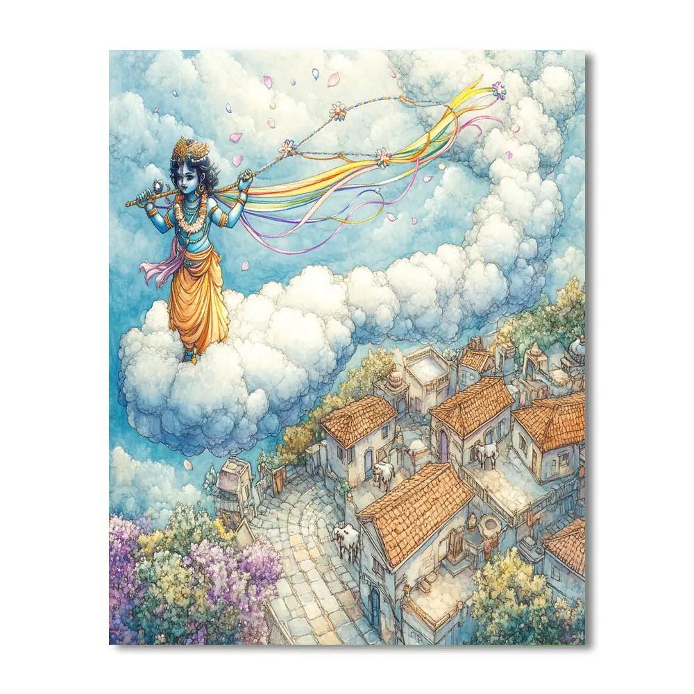 Krishna Guiding A Cloud Chariot Over Vrindavan paint by number