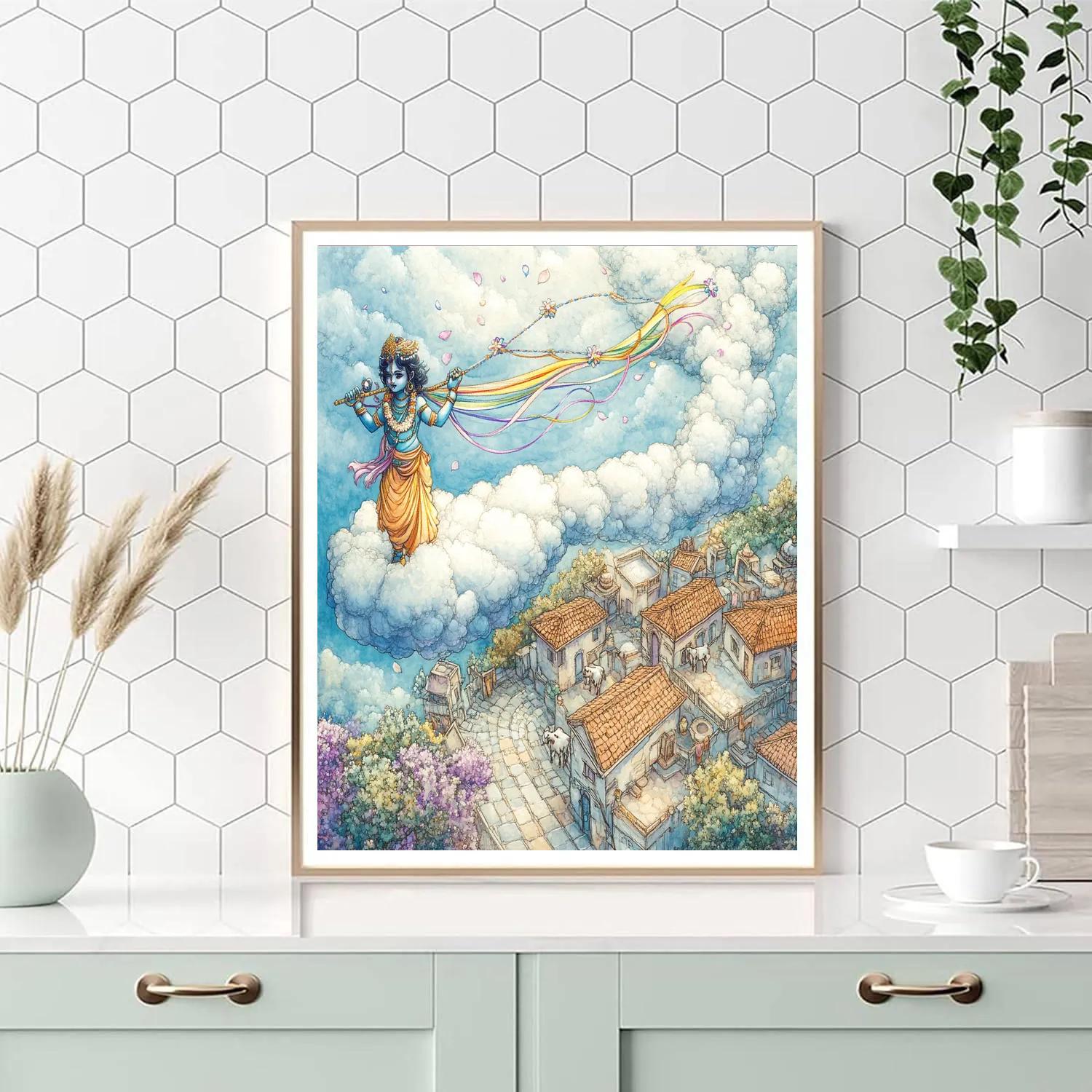 Krishna Guiding A Cloud Chariot Over Vrindavan paint by number