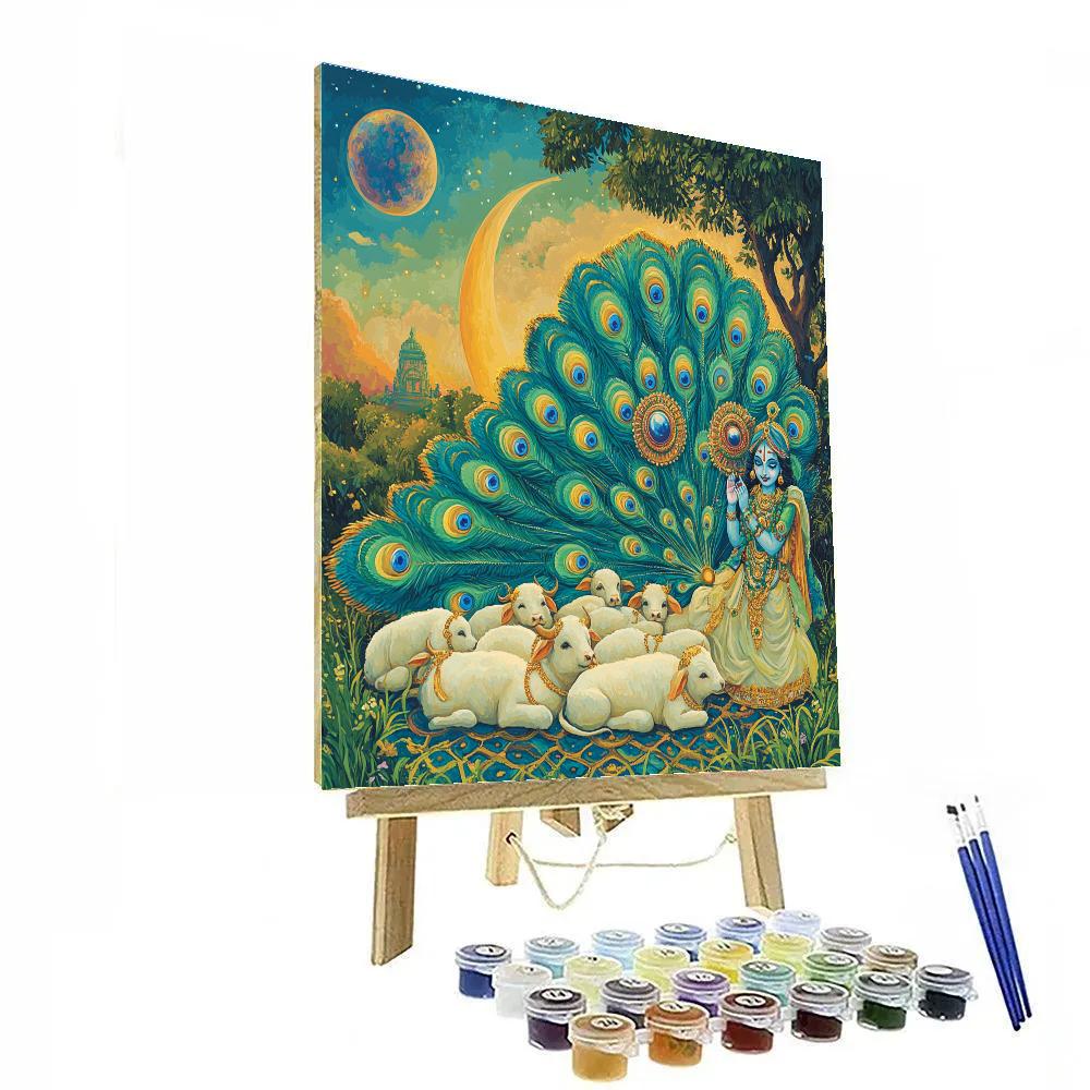 Krishna And The Planetary Peacock Feather Fan paint by color