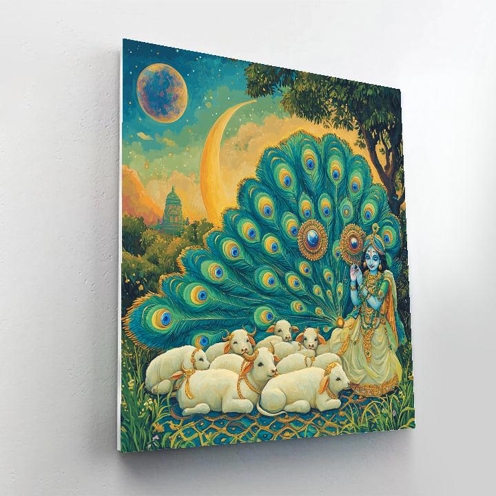 Krishna And The Planetary Peacock Feather Fan paint by color
