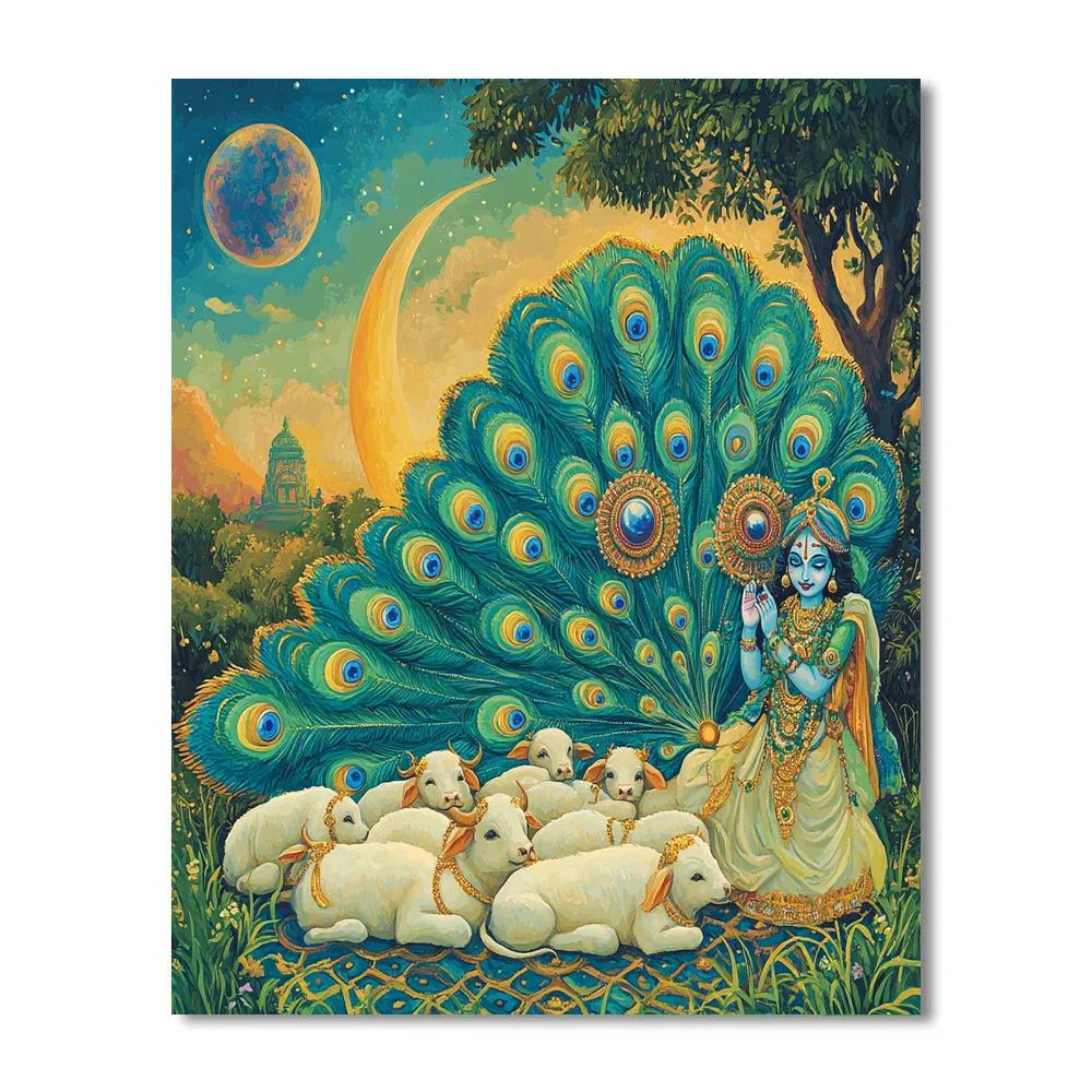 Krishna And The Planetary Peacock Feather Fan paint by color