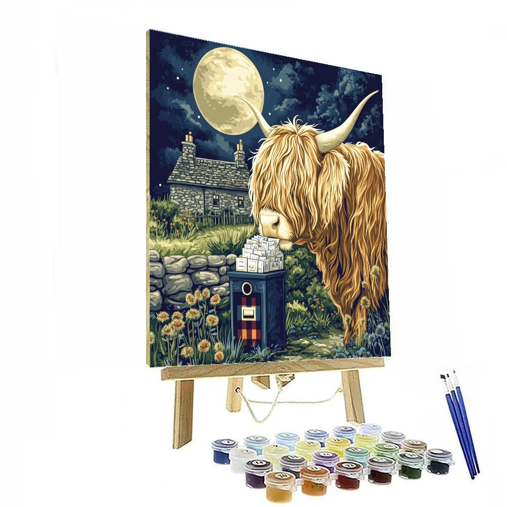 Highland Cow Moonlit Thistle Post Office paint by color