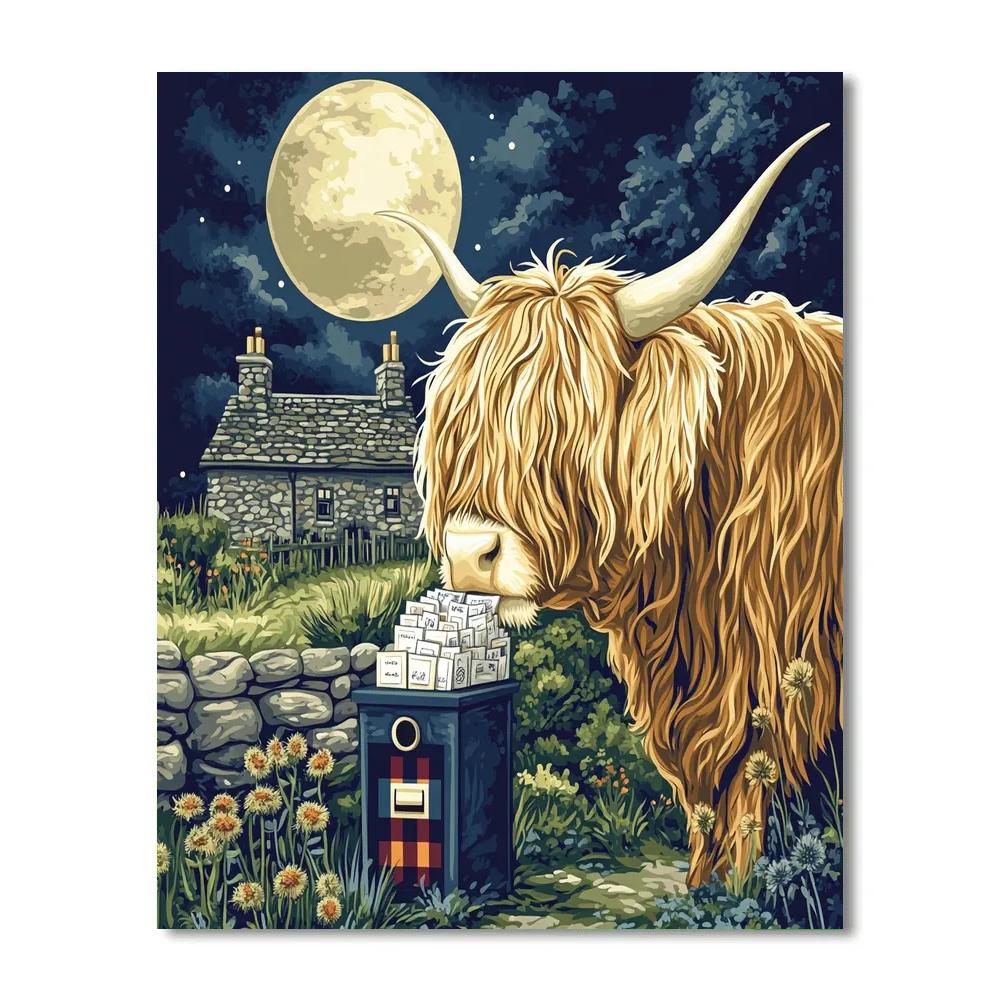 Highland Cow Moonlit Thistle Post Office paint by color