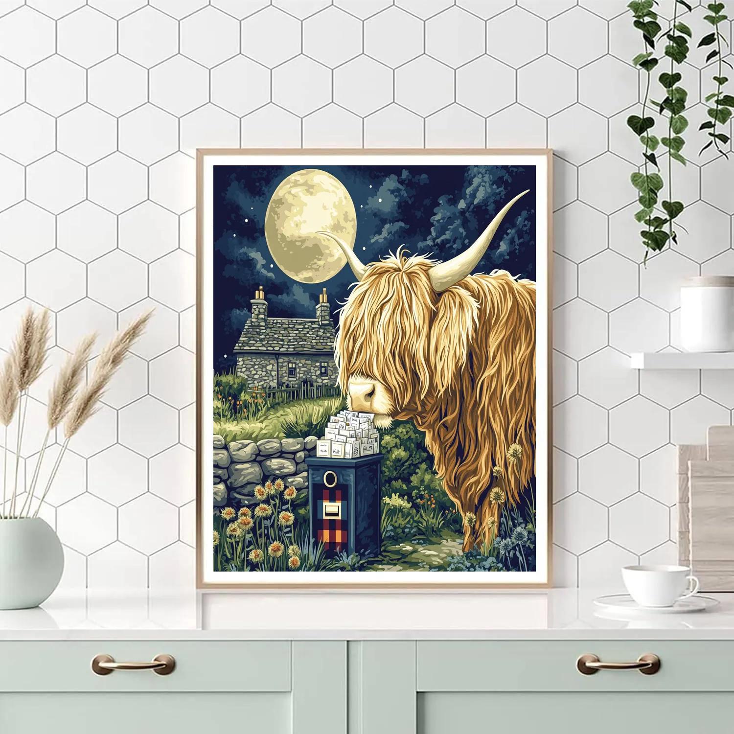Highland Cow Moonlit Thistle Post Office paint by color