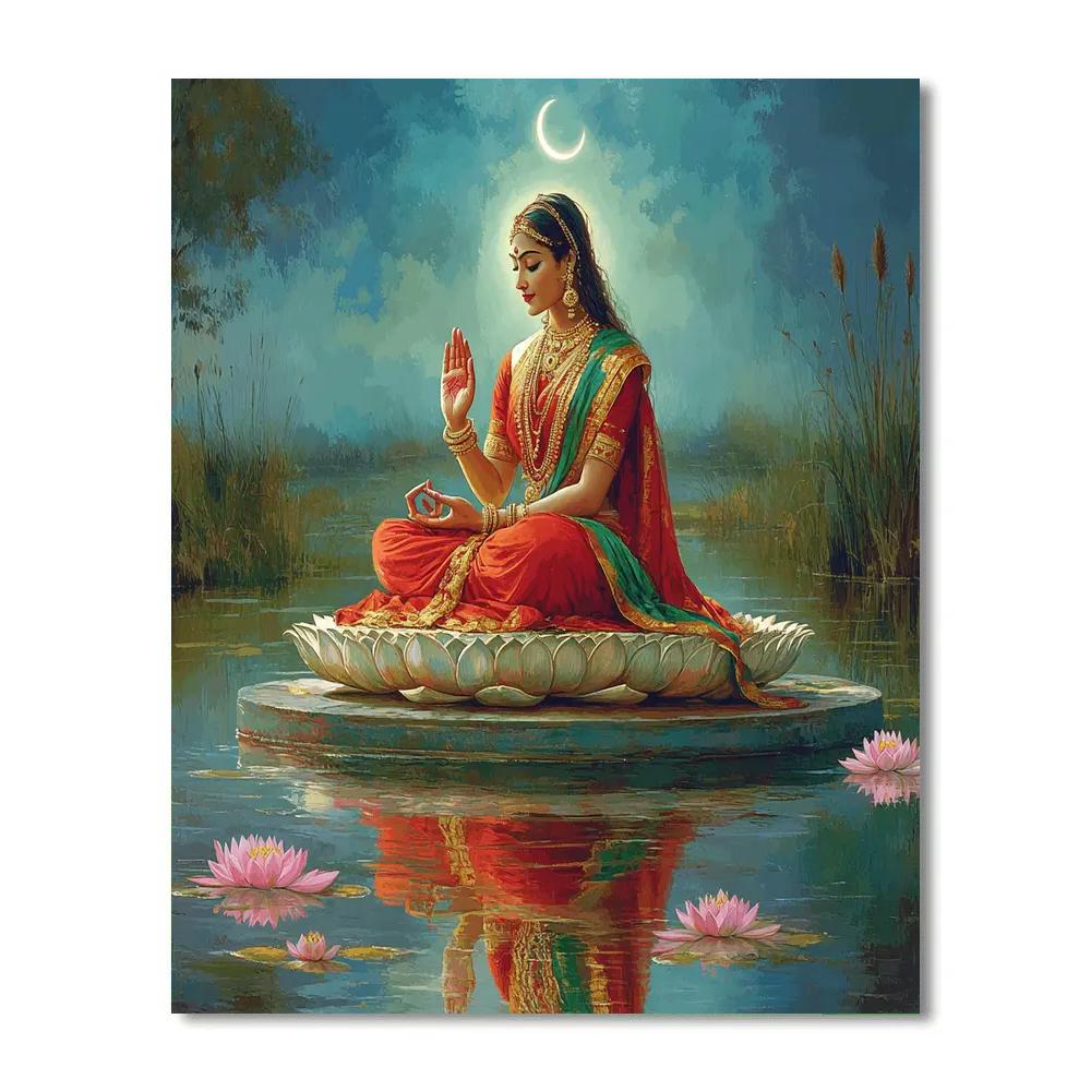 Lotus Lake Reflection With Parvati In Quiet Prayer Painting by numbers kit