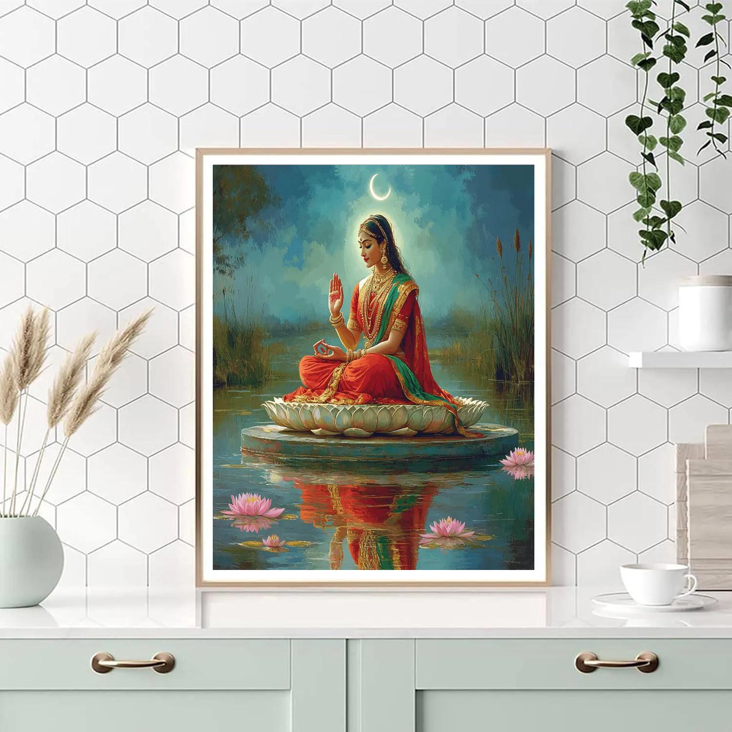 Lotus Lake Reflection With Parvati In Quiet Prayer Painting by numbers kit