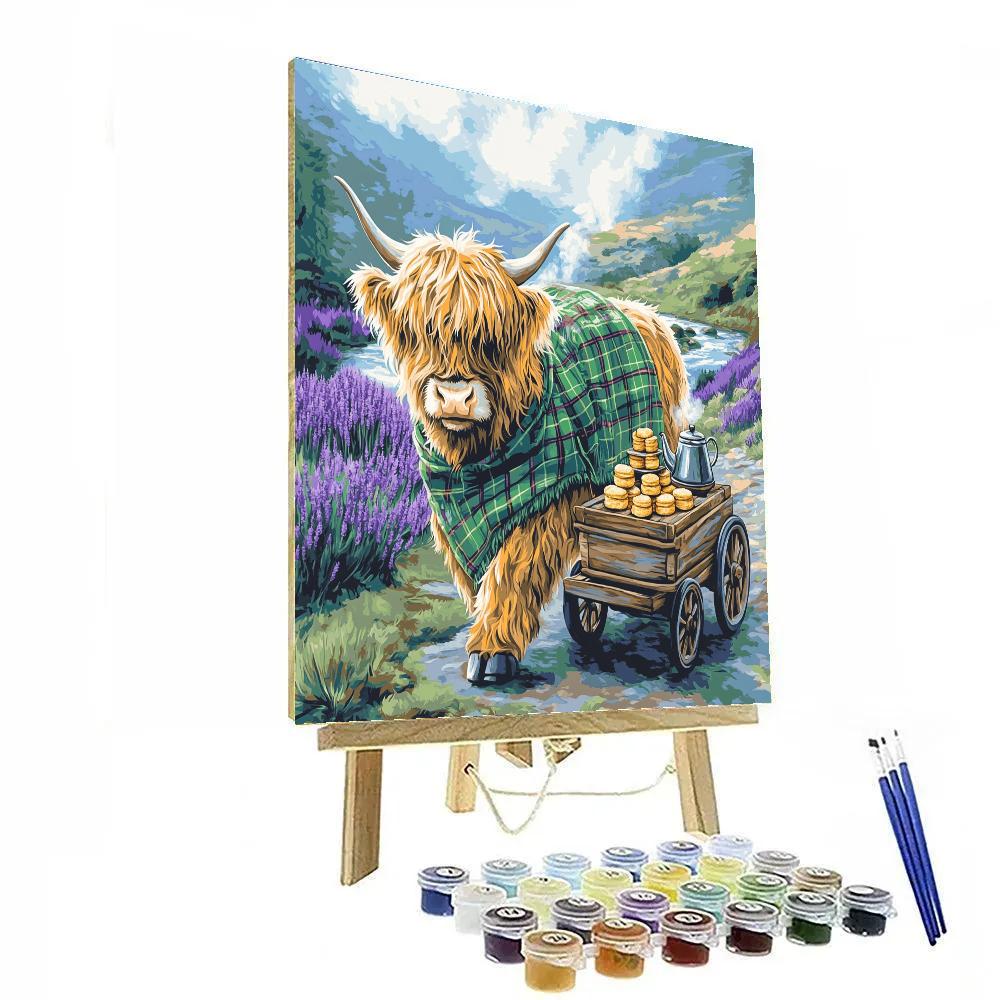 Tea Cart In The Glen With Highland Cow Paint by numbers art