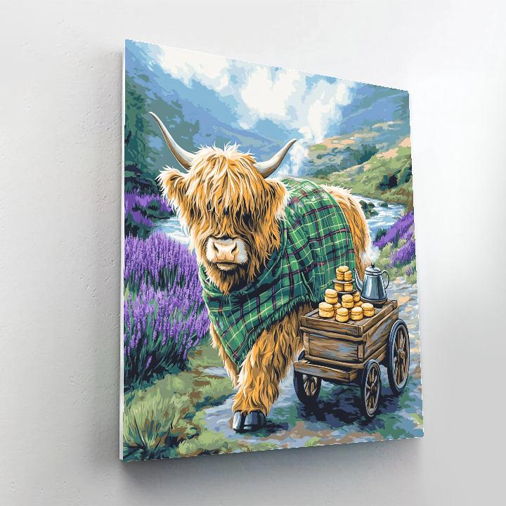 Tea Cart In The Glen With Highland Cow Paint by numbers art
