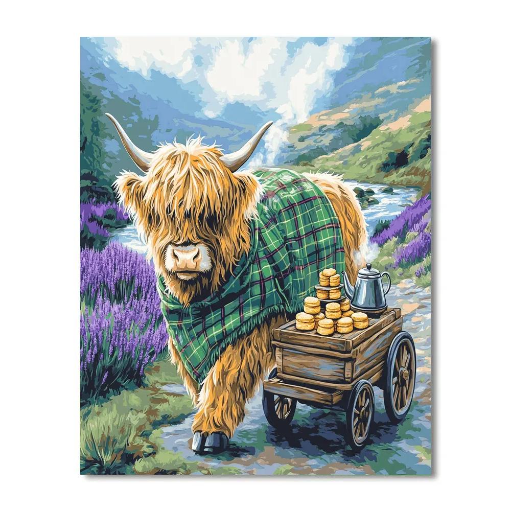 Tea Cart In The Glen With Highland Cow Paint by numbers art