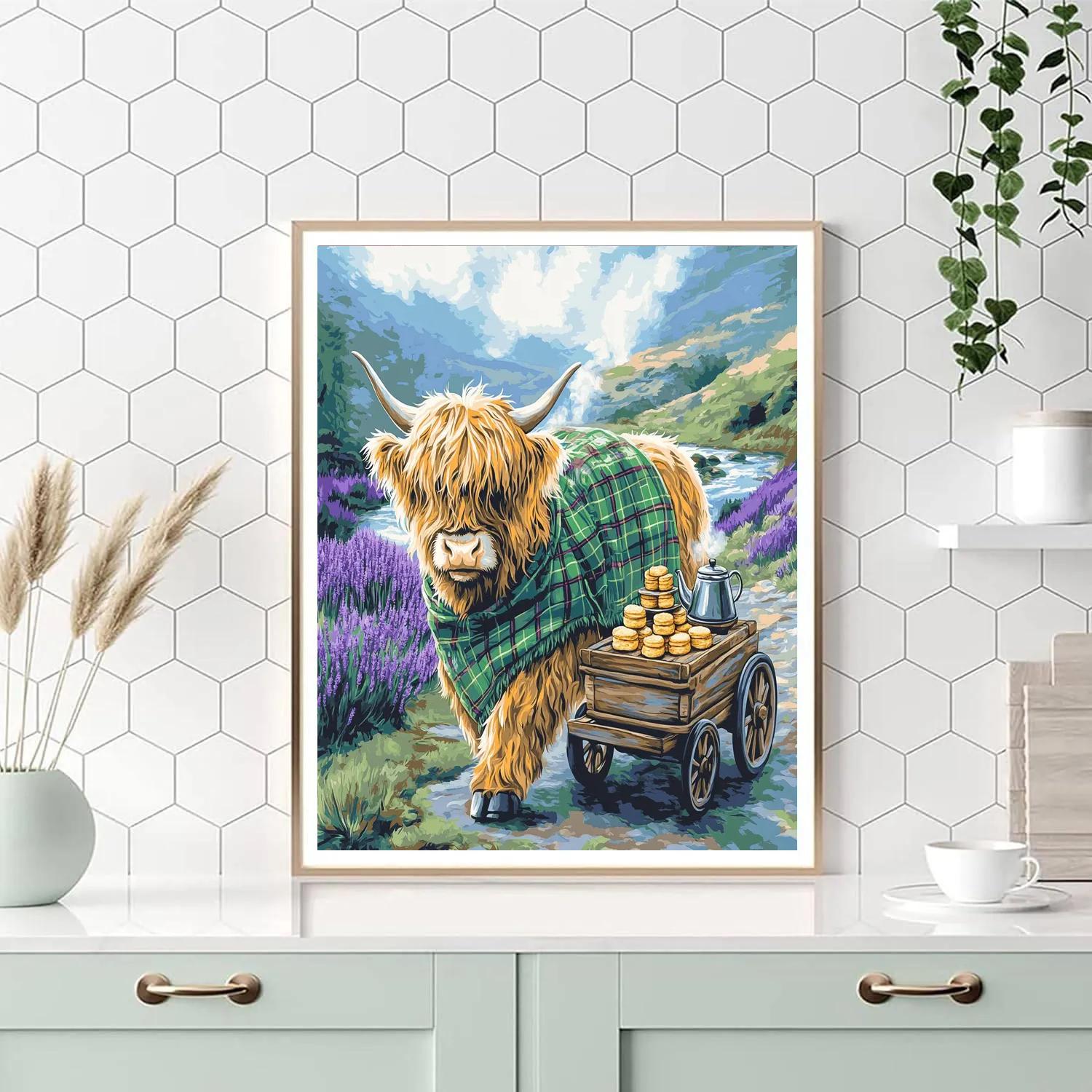Tea Cart In The Glen With Highland Cow Paint by numbers art