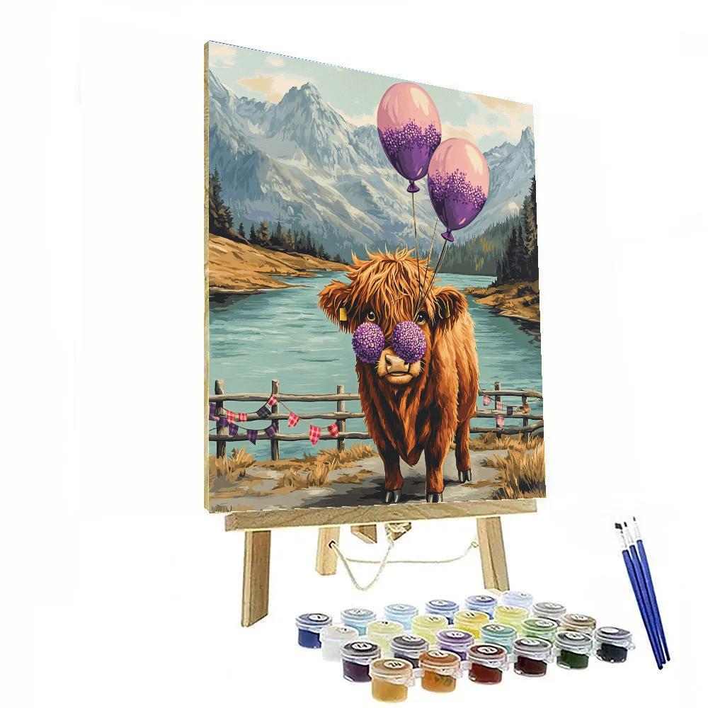 Highland Cow And The Floating Heather Balloons paint by numbers