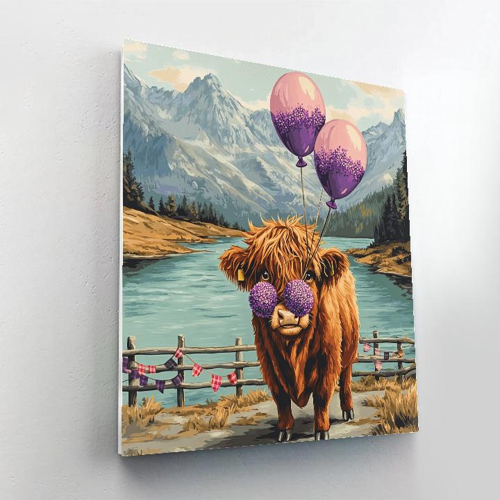 Highland Cow And The Floating Heather Balloons paint by numbers