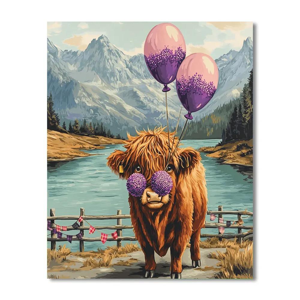 Highland Cow And The Floating Heather Balloons paint by numbers