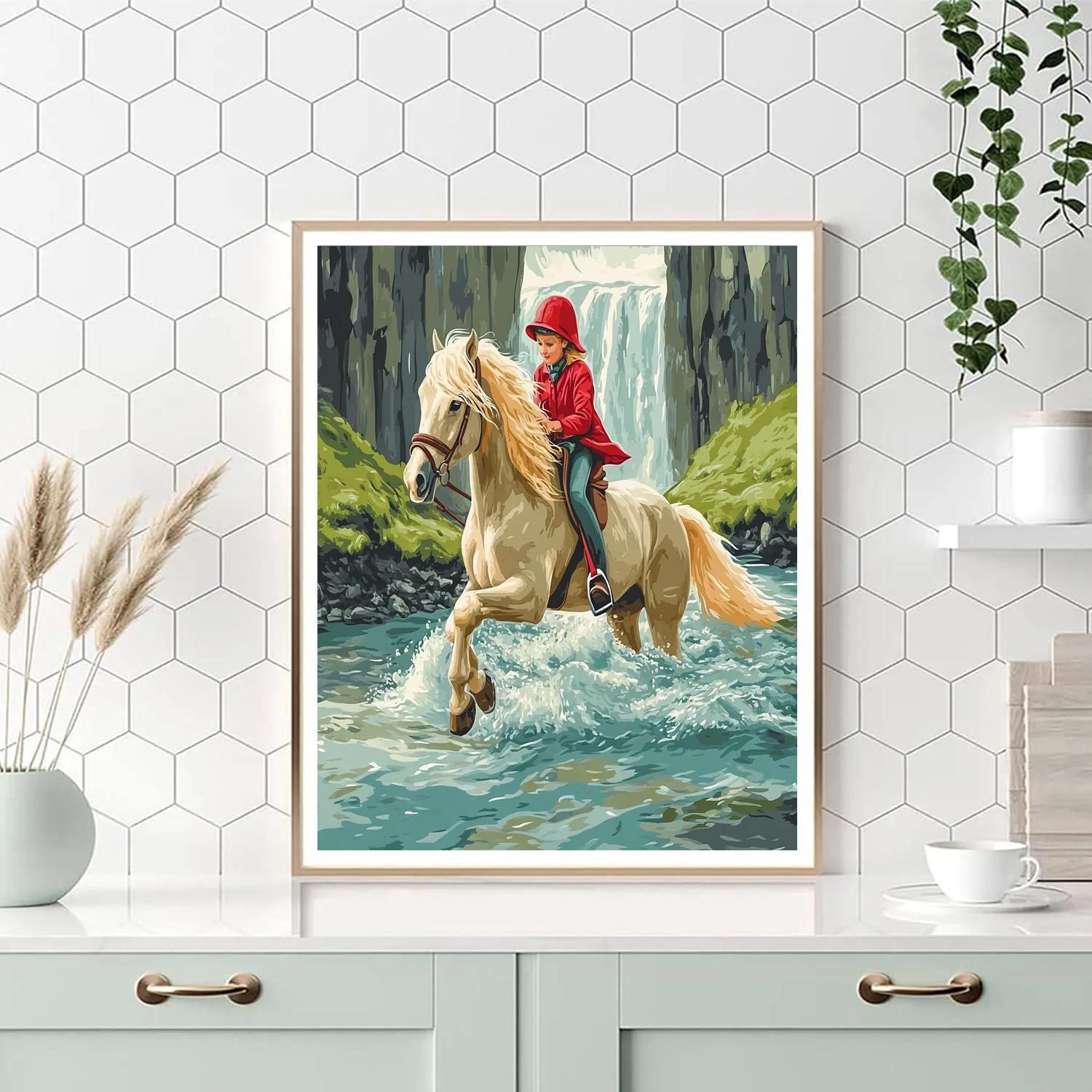 Mosaic River Crossing With Horse paint by color