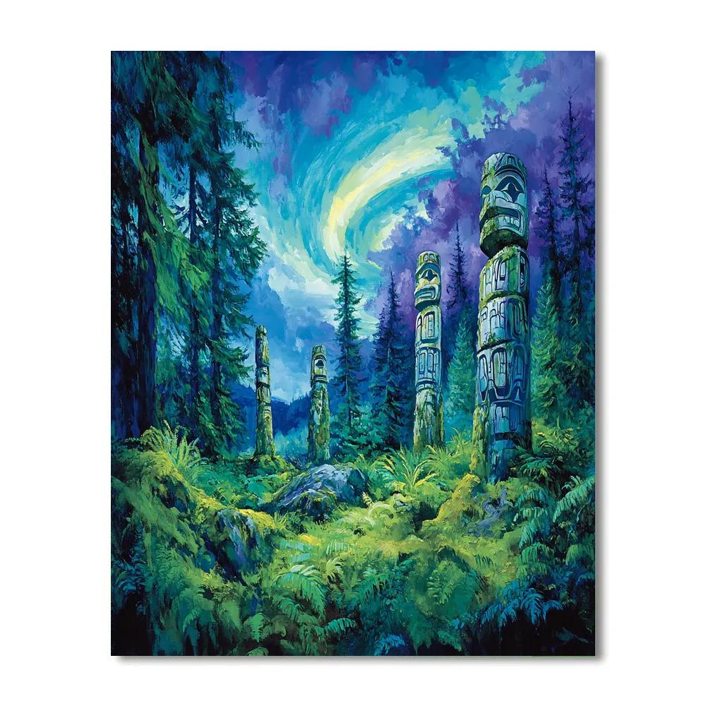Emily Carr Inspired Totem Clearing Under Aurora Haze Numbered painting kits