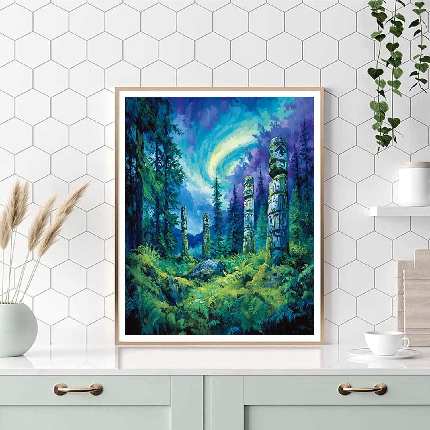 Emily Carr Inspired Totem Clearing Under Aurora Haze Numbered painting kits