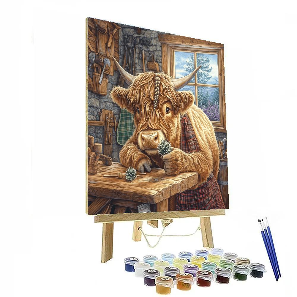 Workshop Bench Highland Cow Woodcarver paint by number