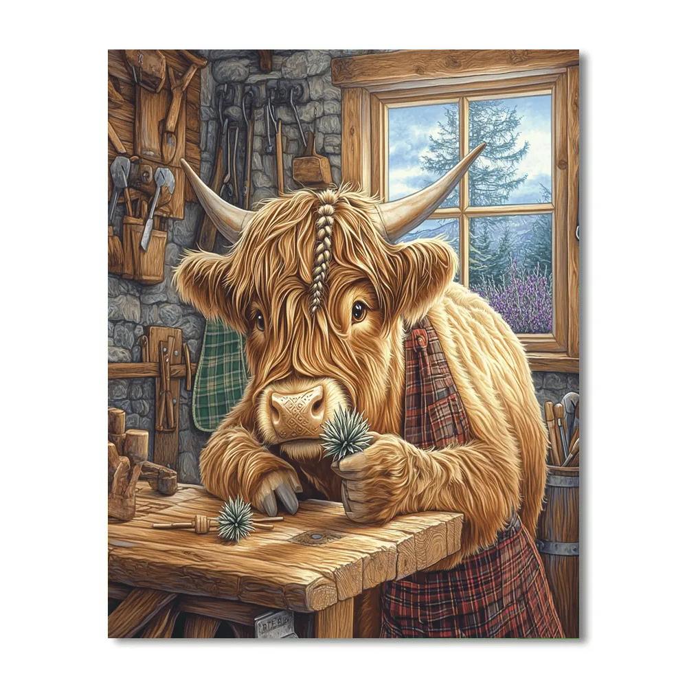 Workshop Bench Highland Cow Woodcarver paint by number
