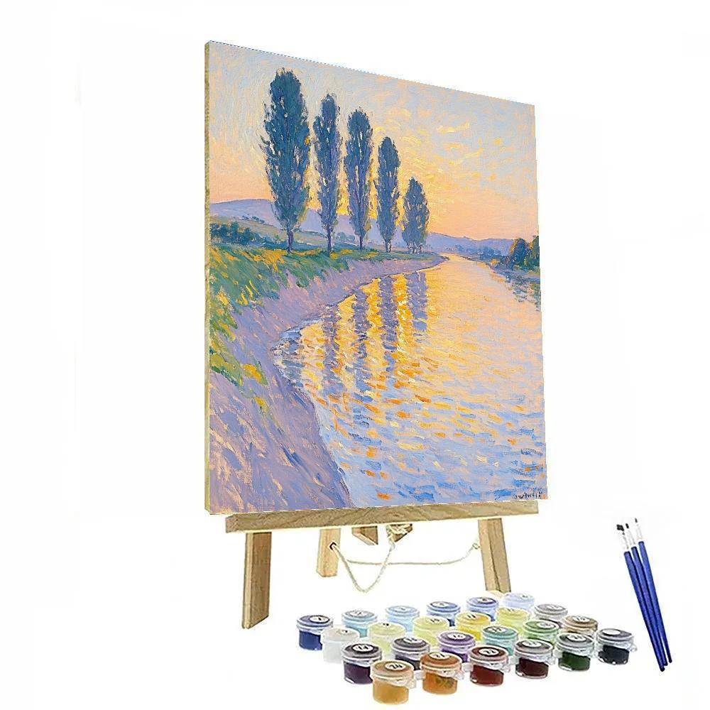Claude Monet Inspired Poplar Riverbank In Amber Afterglow paint by color