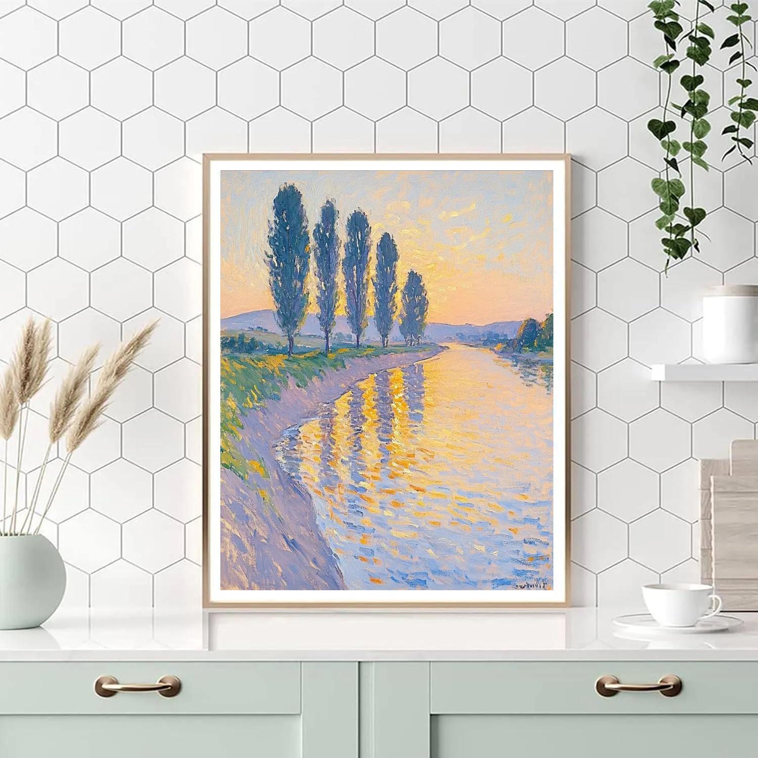 Claude Monet Inspired Poplar Riverbank In Amber Afterglow paint by color