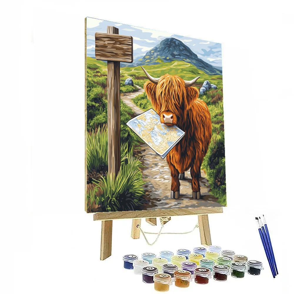 Highland Cow Mountain Map Reader Painting by numbers kit