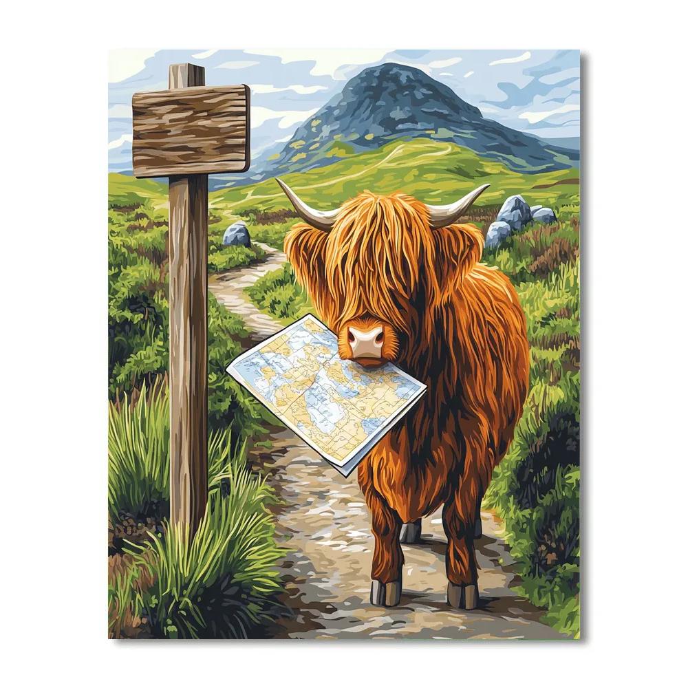 Highland Cow Mountain Map Reader Painting by numbers kit