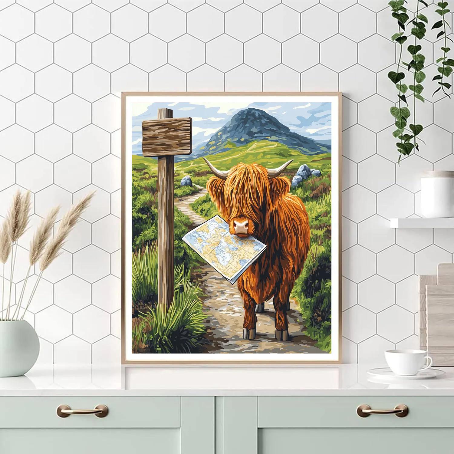 Highland Cow Mountain Map Reader Painting by numbers kit