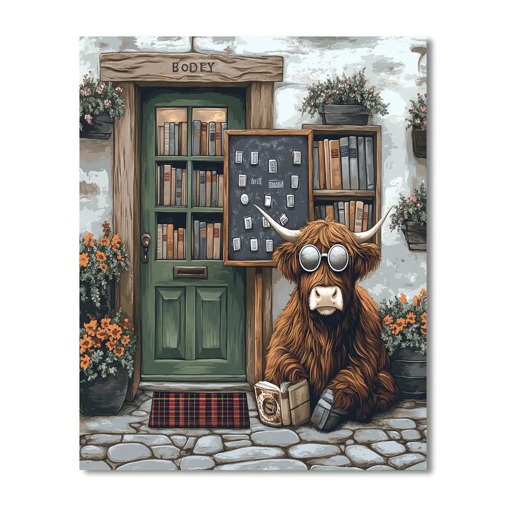 Highland Cow Bookshop Door Greeter painting number kit