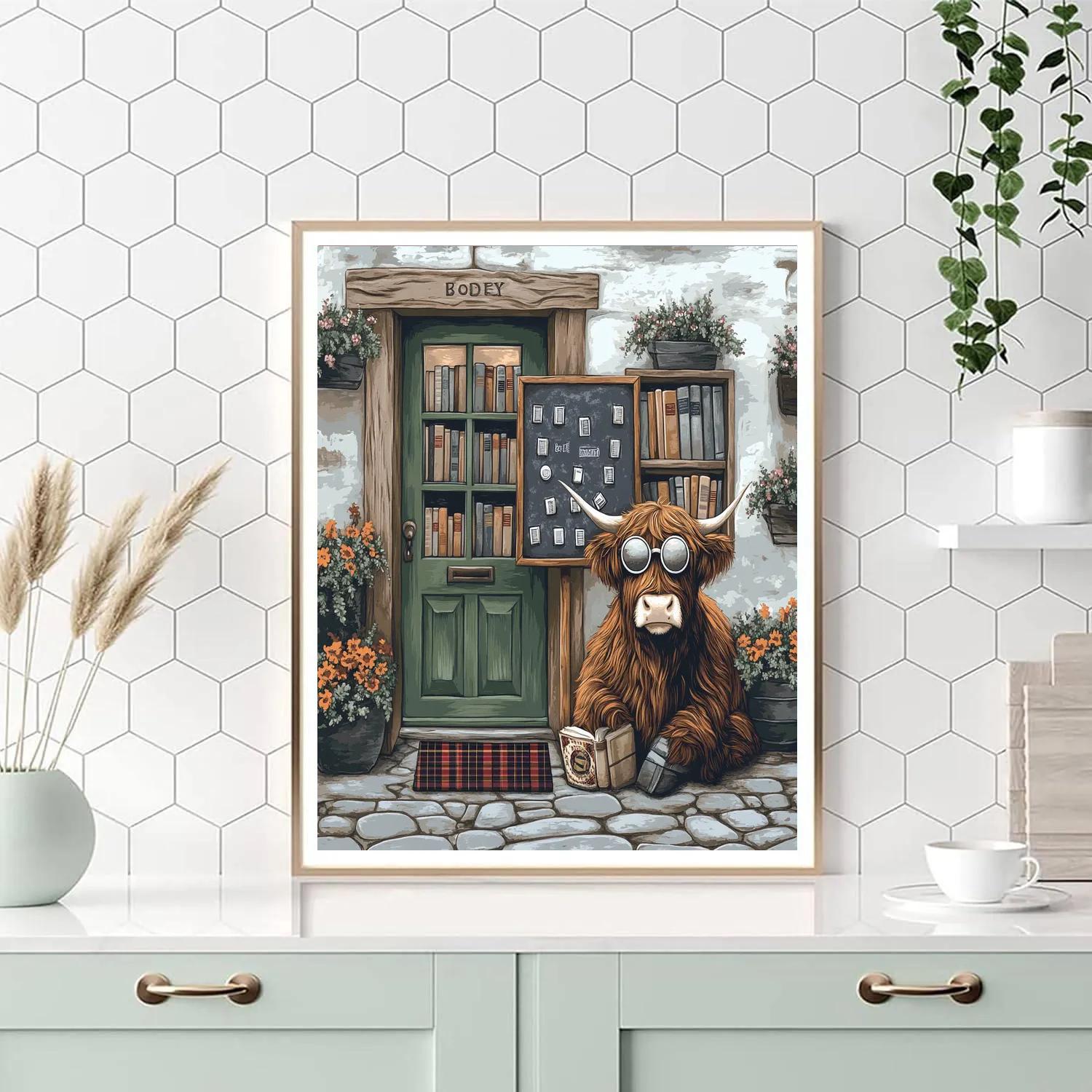 Highland Cow Bookshop Door Greeter painting number kit