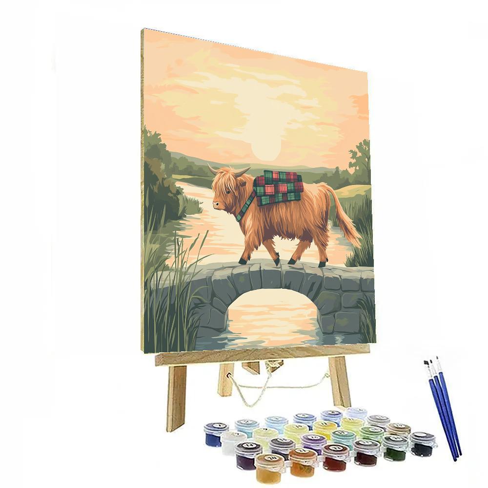 Highland Cow Sunrise Bridge Crossing Painting by numbers kit