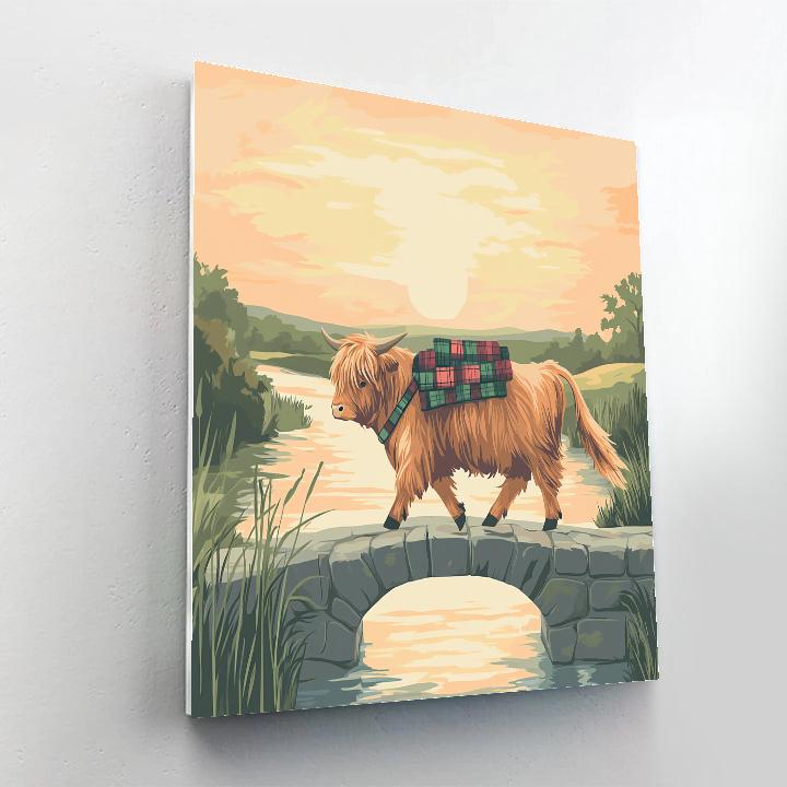 Highland Cow Sunrise Bridge Crossing Painting by numbers kit