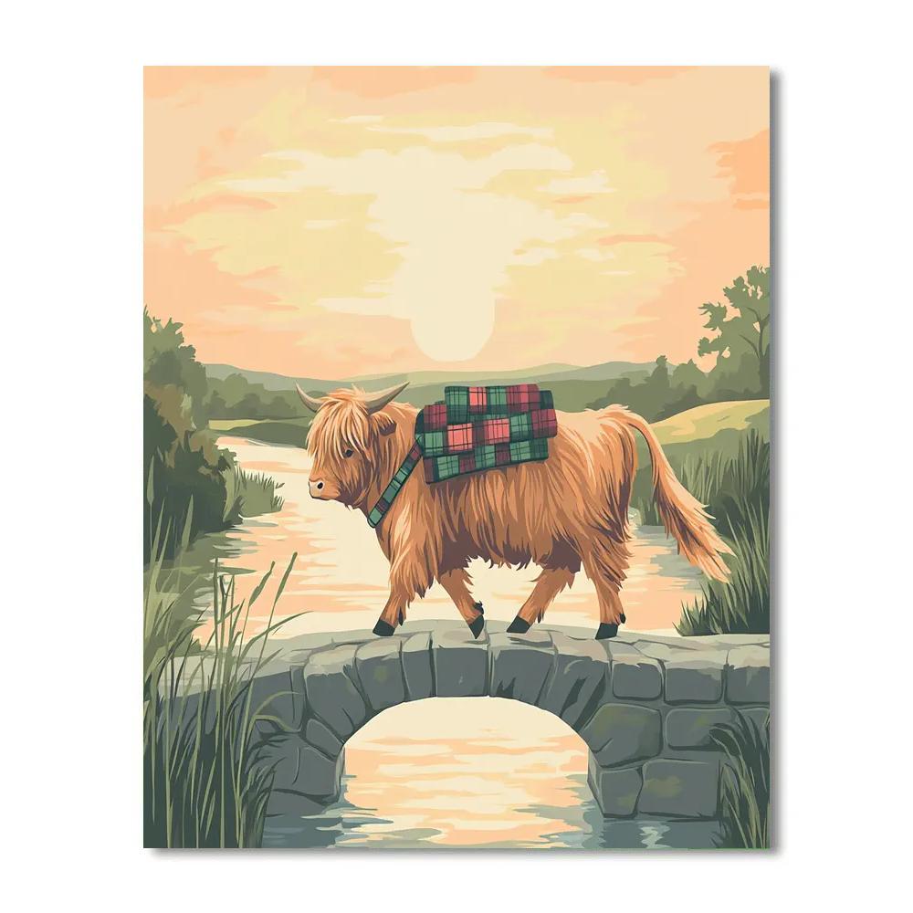 Highland Cow Sunrise Bridge Crossing Painting by numbers kit