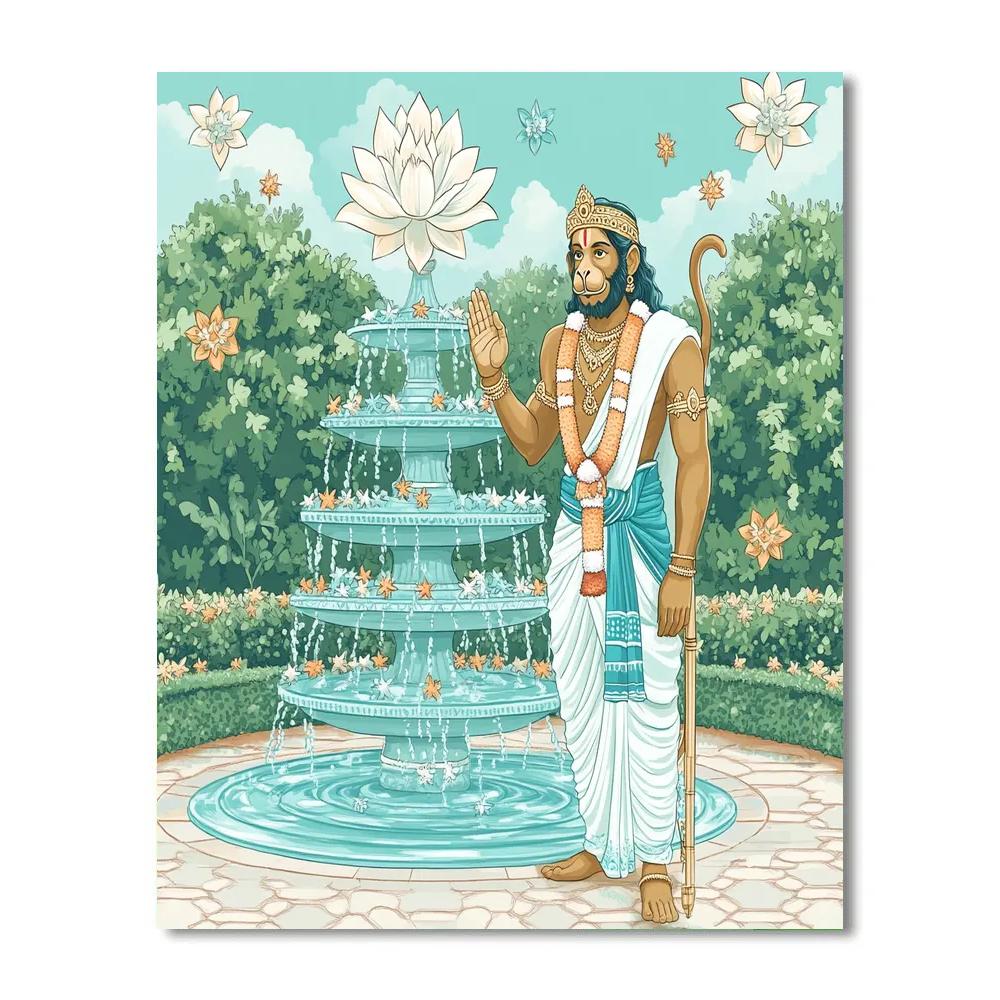 Celestial Garden Fountain With Hanuman Protector paint by number