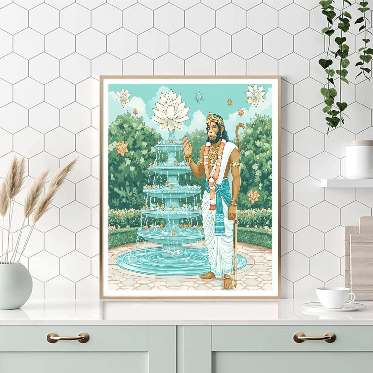 Celestial Garden Fountain With Hanuman Protector paint by number