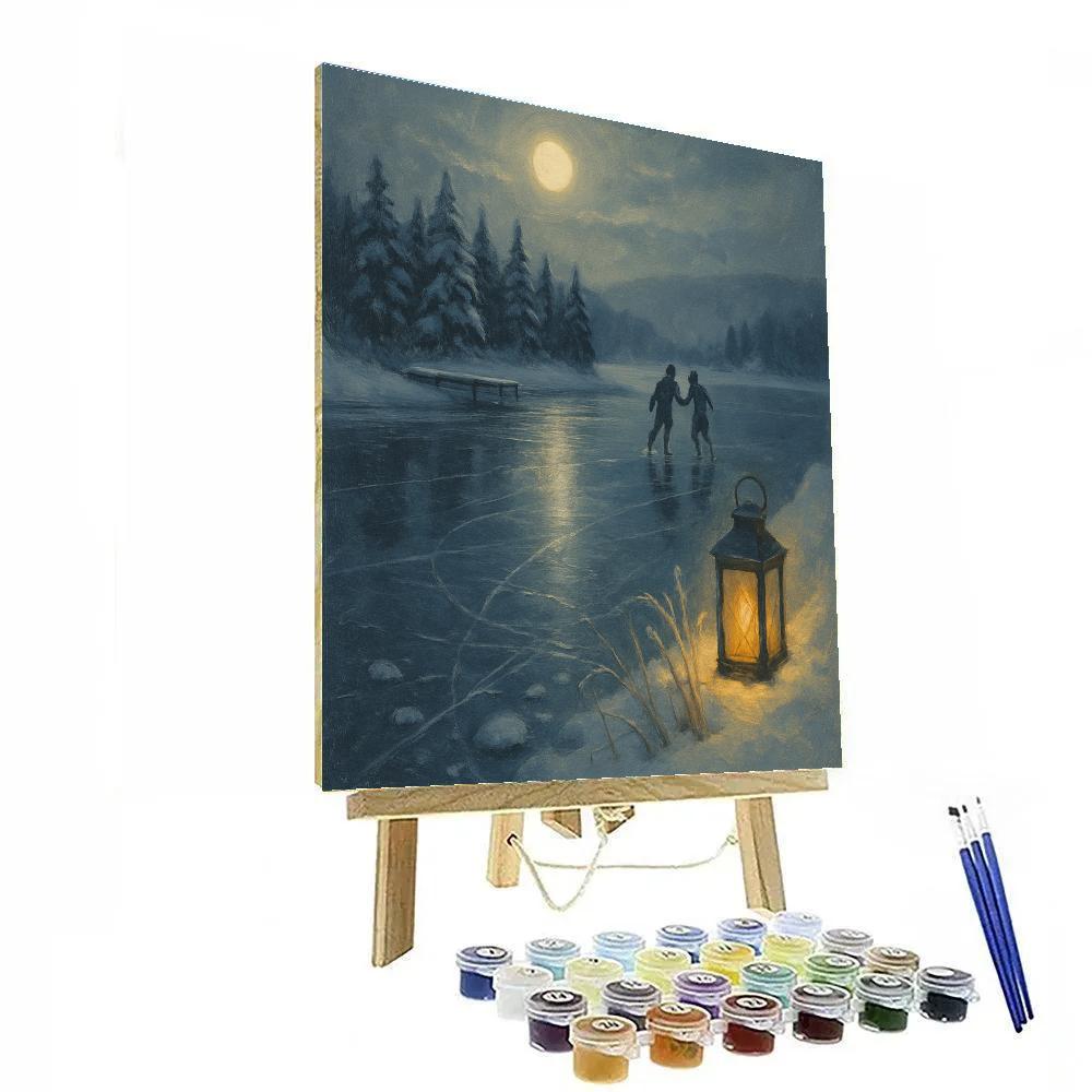 Moonlit Glass Lake And Candlelit Skaters paint by color