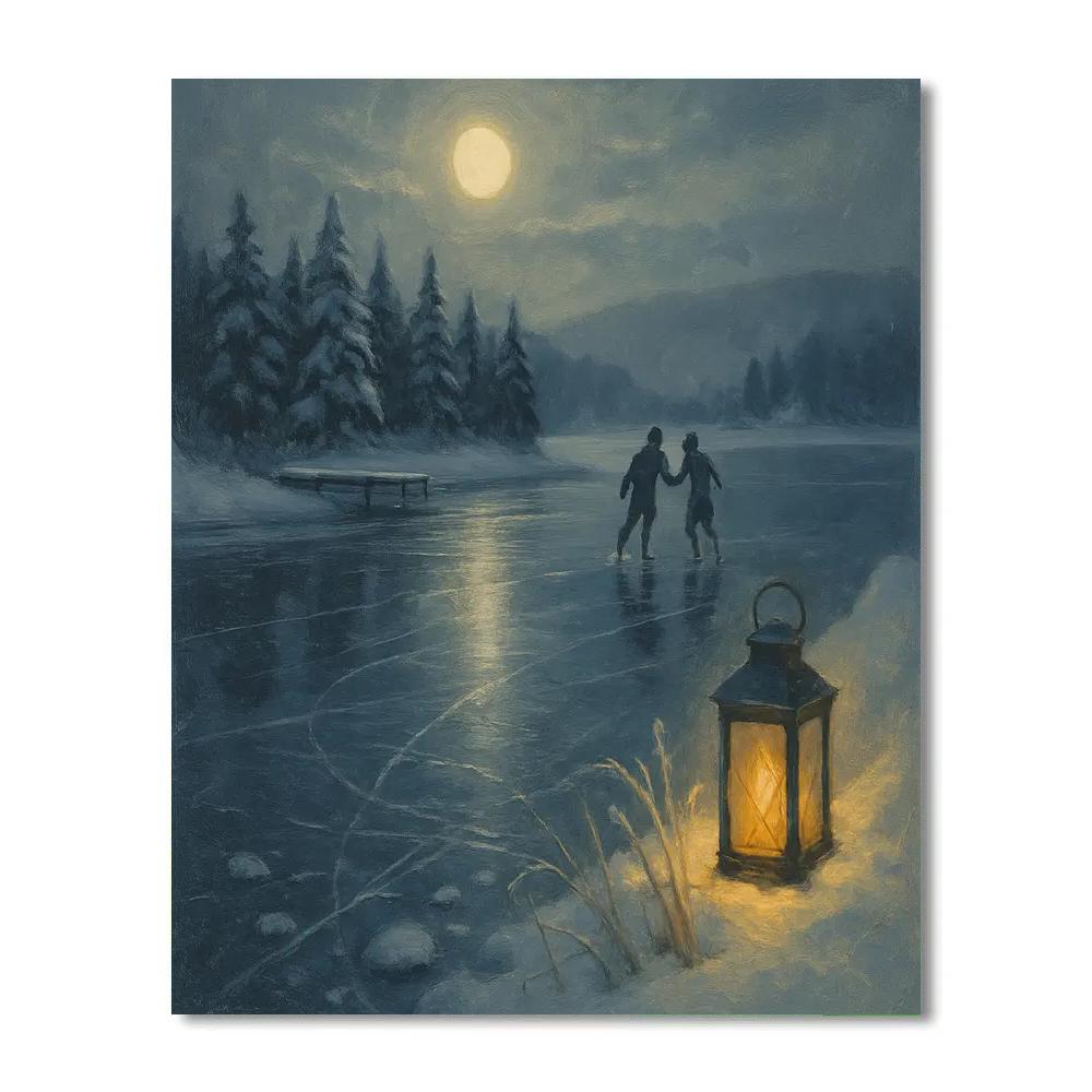 Moonlit Glass Lake And Candlelit Skaters paint by color