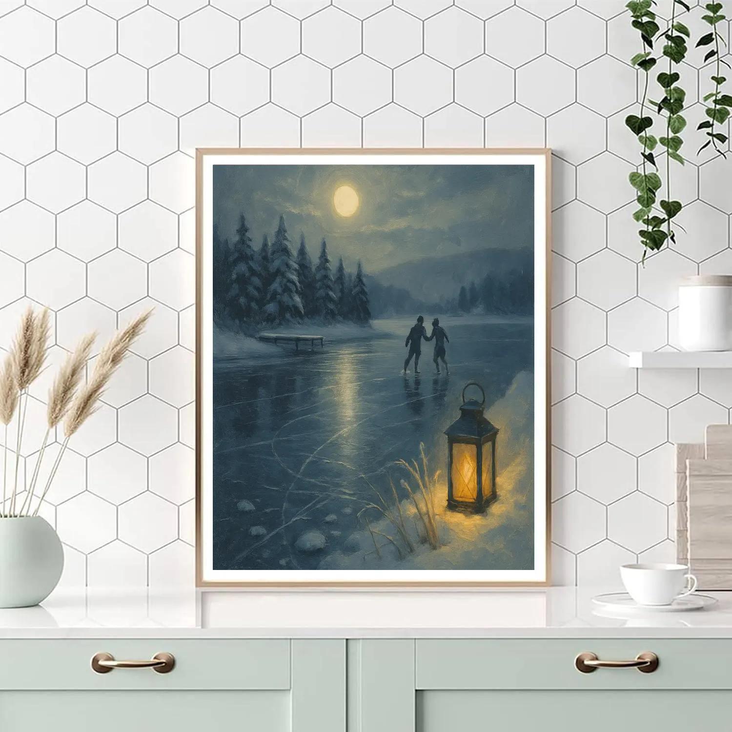 Moonlit Glass Lake And Candlelit Skaters paint by color