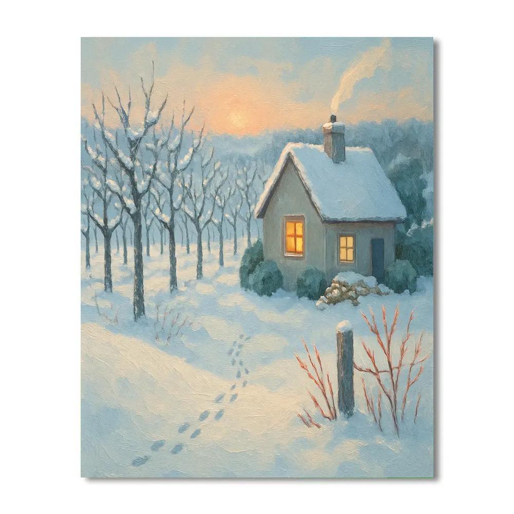 Sunrise Orchard Cottage With Steam And Sparrow Trails painting number kit