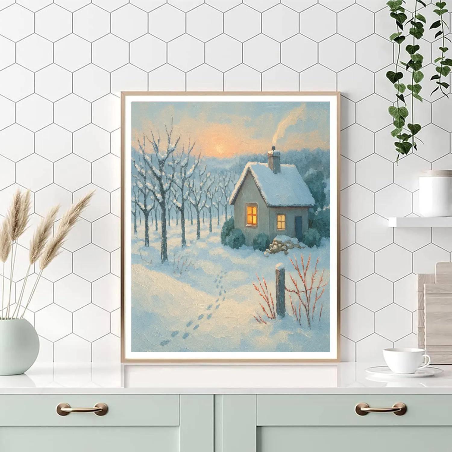 Sunrise Orchard Cottage With Steam And Sparrow Trails painting number kit