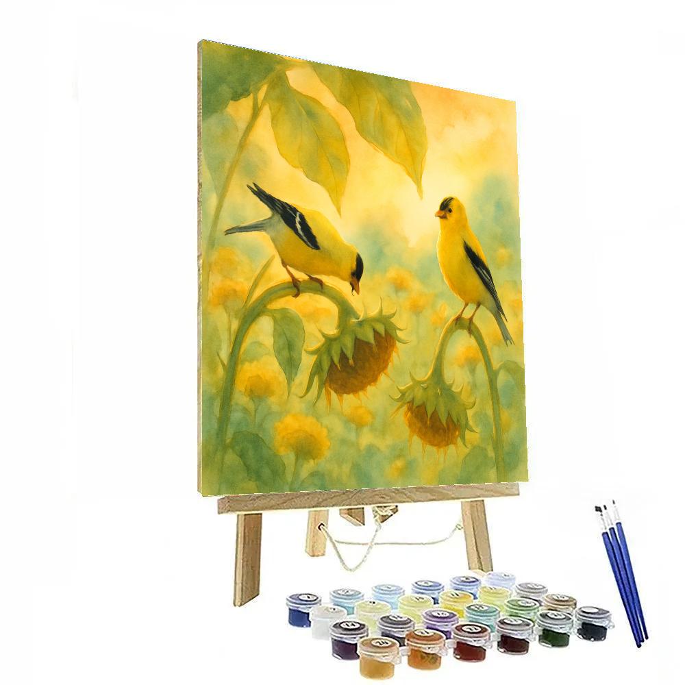 Sunbeam Finches In A Sunflower Patch paint by color