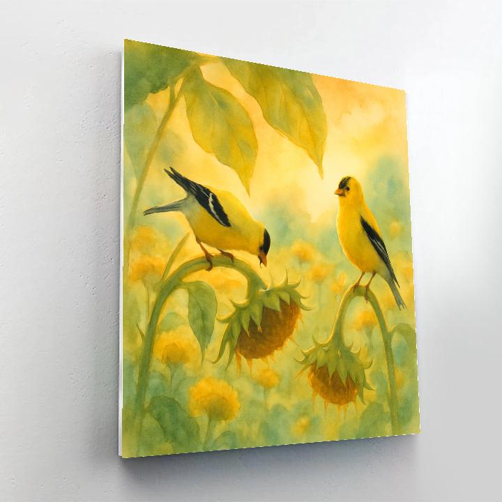 Sunbeam Finches In A Sunflower Patch paint by color