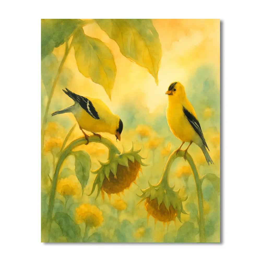 Sunbeam Finches In A Sunflower Patch paint by color